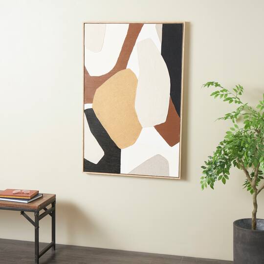 48" x 32" Brown Wooden Geometric Abstract Overlapping Circle Decorative Wall Art with Cream Accents